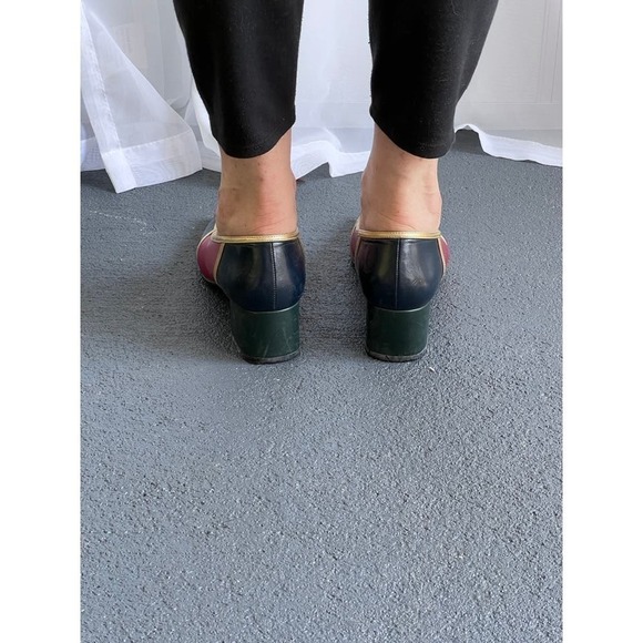 70s Frank Morr VTG Leather Pump Spain Sz 9.5 Colorblock Blue Red Gold Square Toe - Picture 6 of 9
